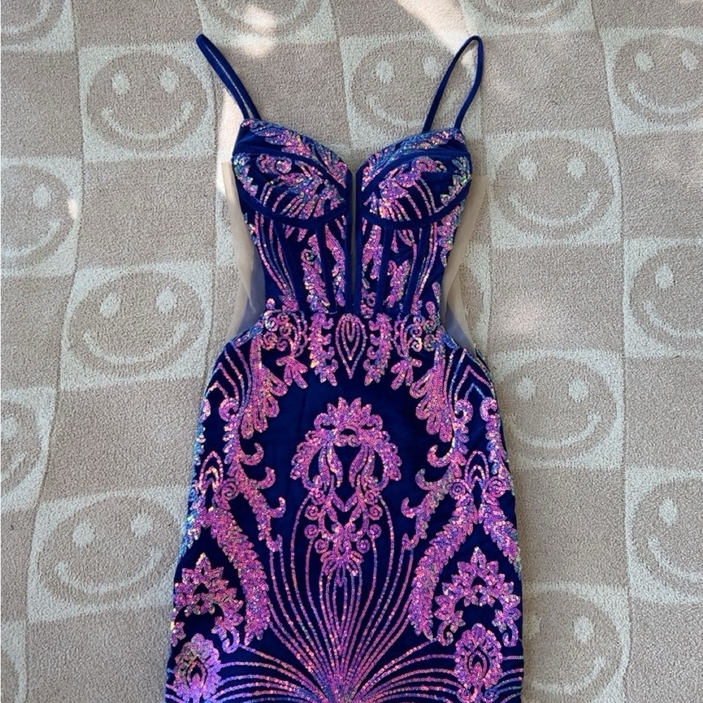 Elegant Blue and Pink Sequin Dress